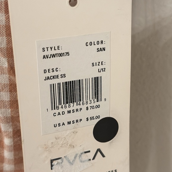 RVCA New Gingham Set Shirt & Pants Mustard/Tan color NWT Size 30 Pants Top Large - Picture 9 of 10